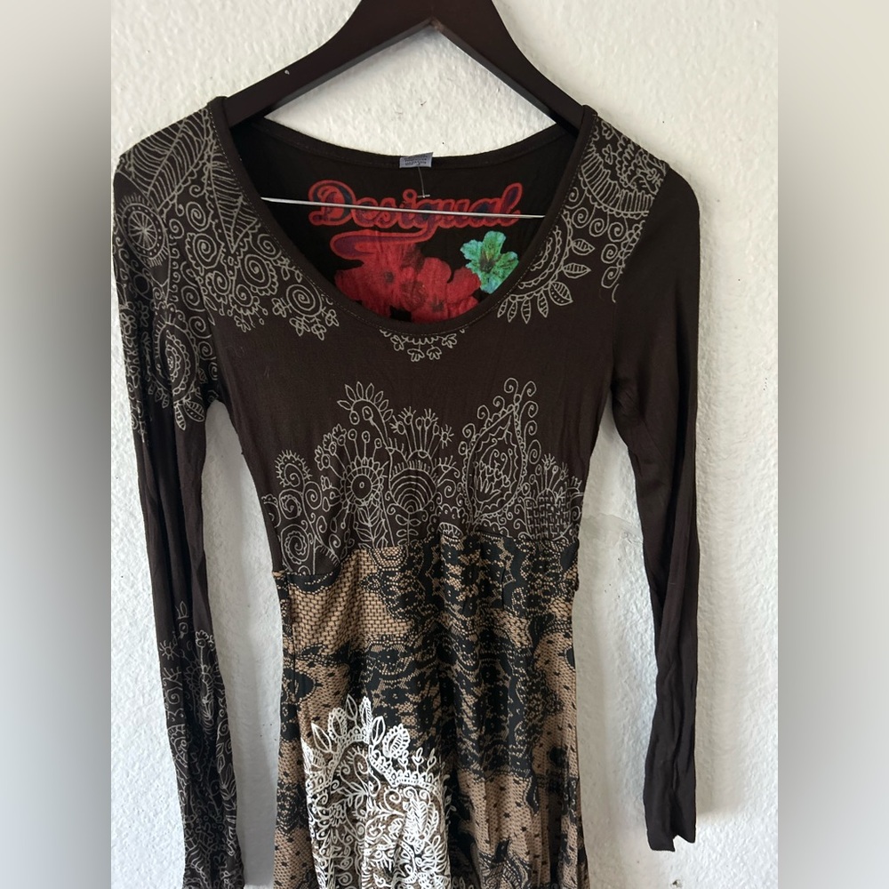 DESIGUAL Ladies Long Sleeve Scoop Neck A-line Brown TISDALE Dress XS Artsy Boho - Picture 14 of 16
